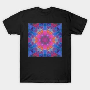 Mosaic Kaleidoscope Flower Pink Blue and Yellow T-Shirt